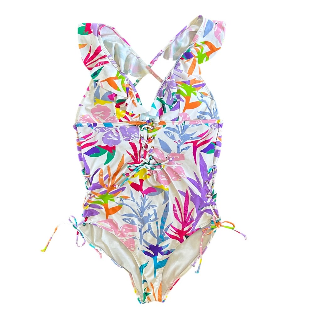 XOXO White and Colorful Tropical Print Tie One Piece Ruffle Swimsuit Women's 1X